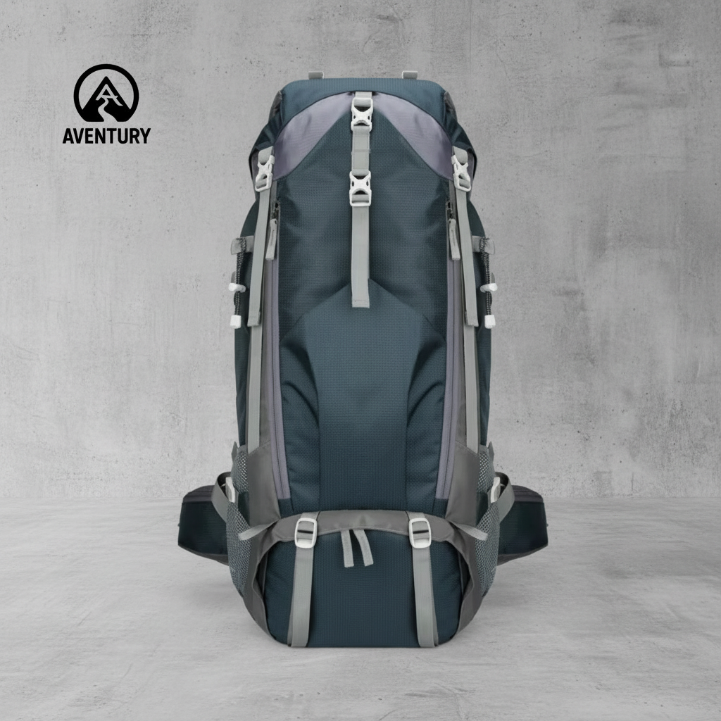 70L waterproof outdoor backpack in blauw met ergonomisch draagsysteem en meerdere vakken