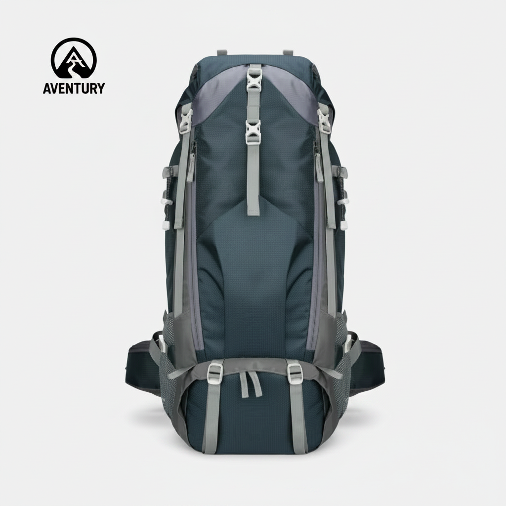 70L waterproof outdoor backpack in blauw met ergonomisch draagsysteem en meerdere vakken