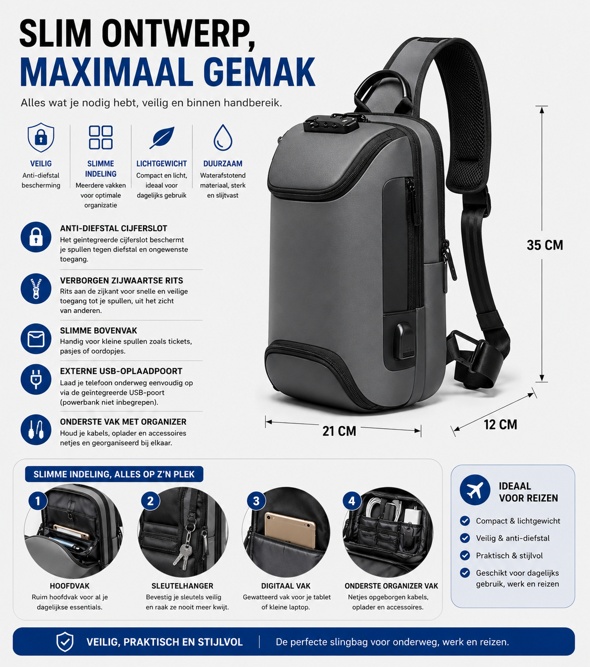 Crossbody Sport Rugzak met Anti-Diefstal Slot