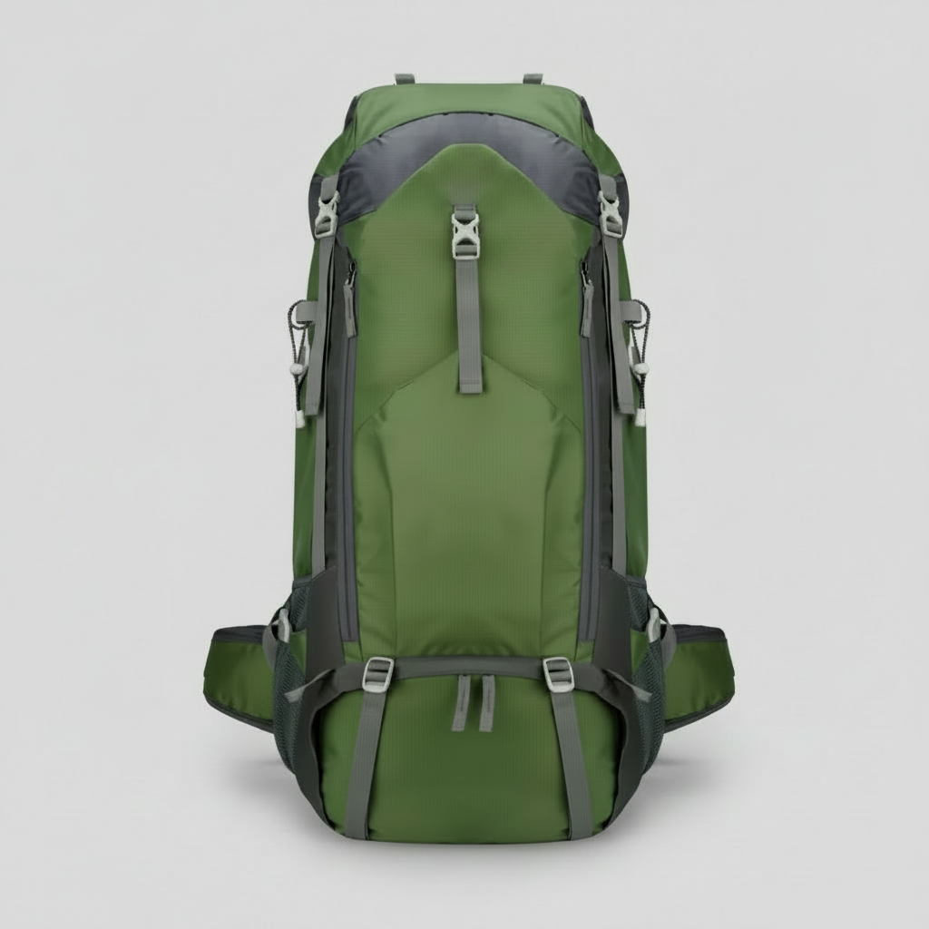 Groene 70 liter outdoor backpack met stevig draagsysteem voor lange wandeltochten