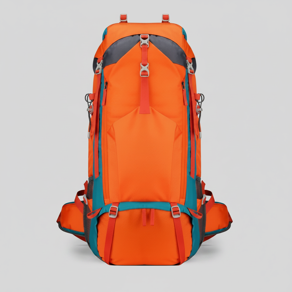 Oranje waterproof backpack 70L geschikt voor kamperen, trekking en reizen