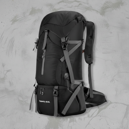 Zwarte Aventury Backpack 70L – grote outdoor rugzak met veel opbergruimte