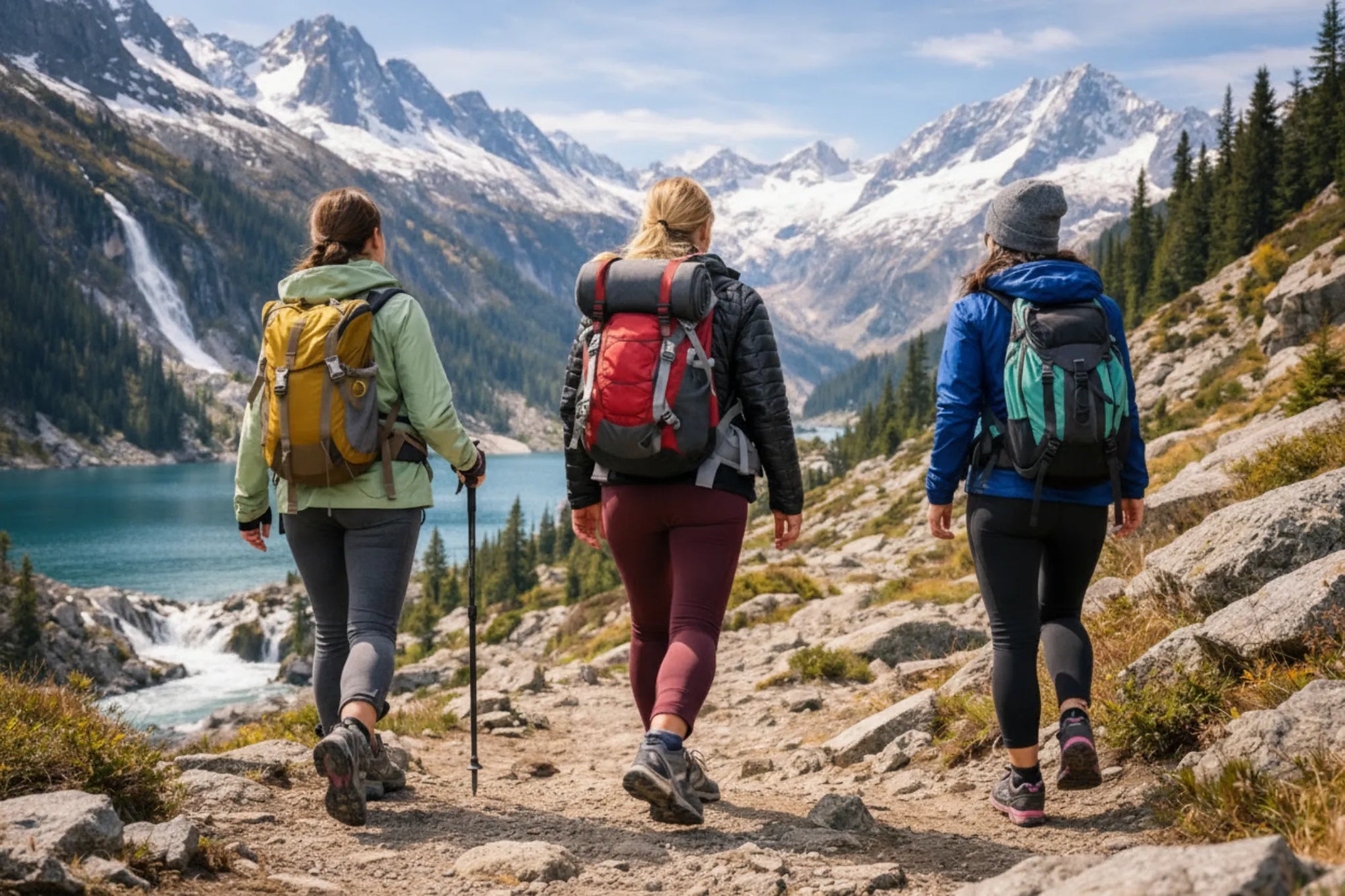 Vrouwen outdoor accessoires voor wandelen en avontuur in natuurlijke omgeving