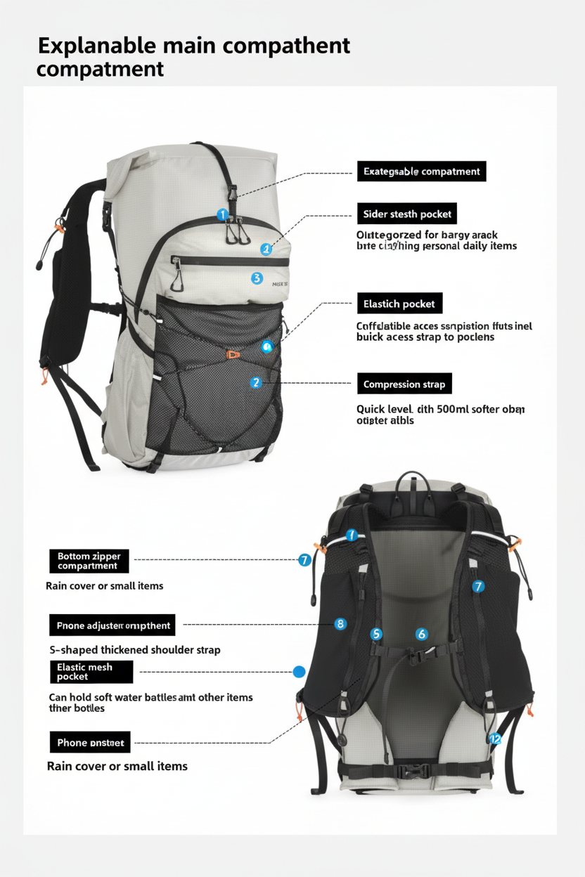 Trekking Backpack - Lichtgewicht Outdoor Rugzak met Verstelbaar Draagsysteem & Slimme Opbergruimte