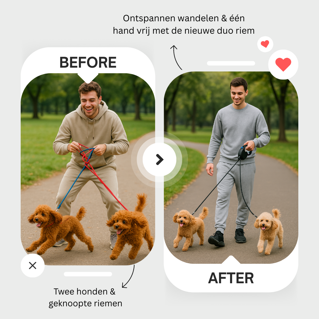 Dubbele Hondenriem voor Twee Honden - Geen Knopen - Volledige Controle
