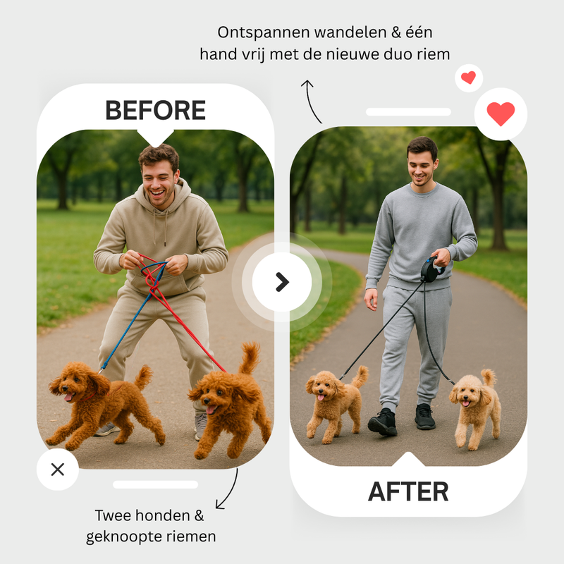 Dubbele Hondenriem voor Twee Honden - Geen Knopen - Volledige Controle