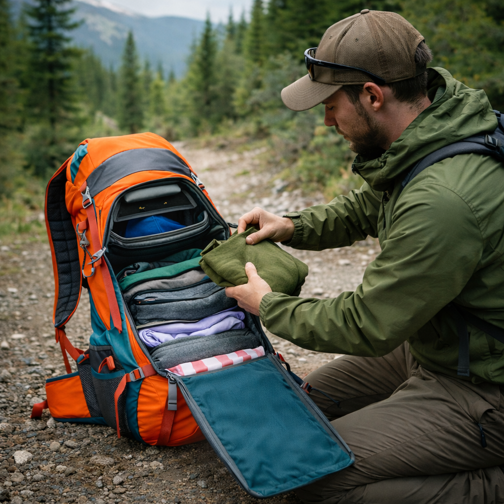 70L backpack met frontloader ontwerp, geopend als koffer terwijl reiziger er spullen uit pakt in de natuur
