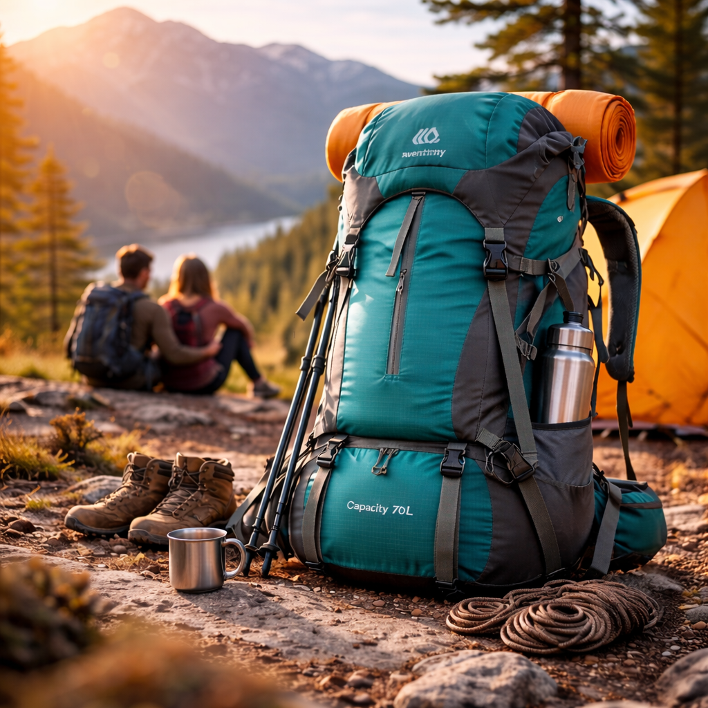 70L outdoor backpack gebruikt tijdens kampeertrip in de bergen – ruime, comfortabele en waterdichte rugzak met regenhoes