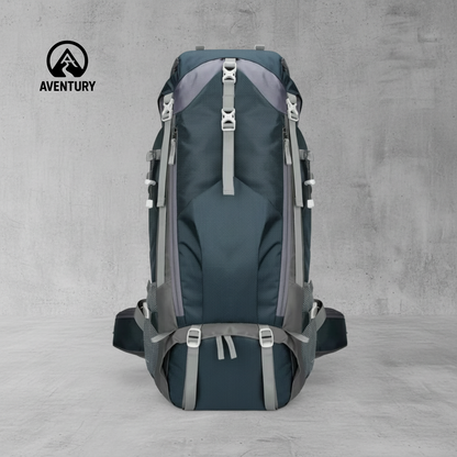 70L waterproof outdoor backpack in blauw met ergonomisch draagsysteem en meerdere vakken