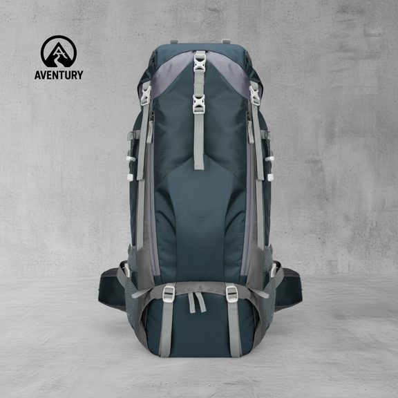 70L waterproof outdoor backpack in blauw met ergonomisch draagsysteem en meerdere vakken