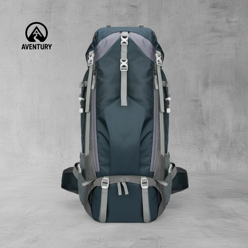 70L waterproof outdoor backpack in blauw met ergonomisch draagsysteem en meerdere vakken