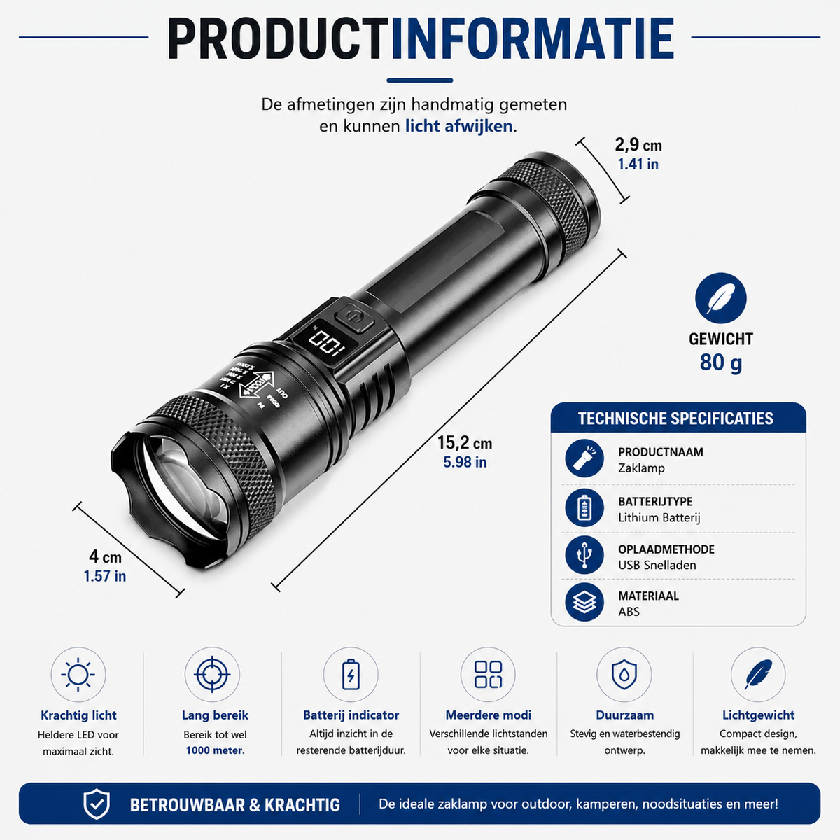 Aventury LED Zaklamp - Oplaadbaar - Verstelbare Focus