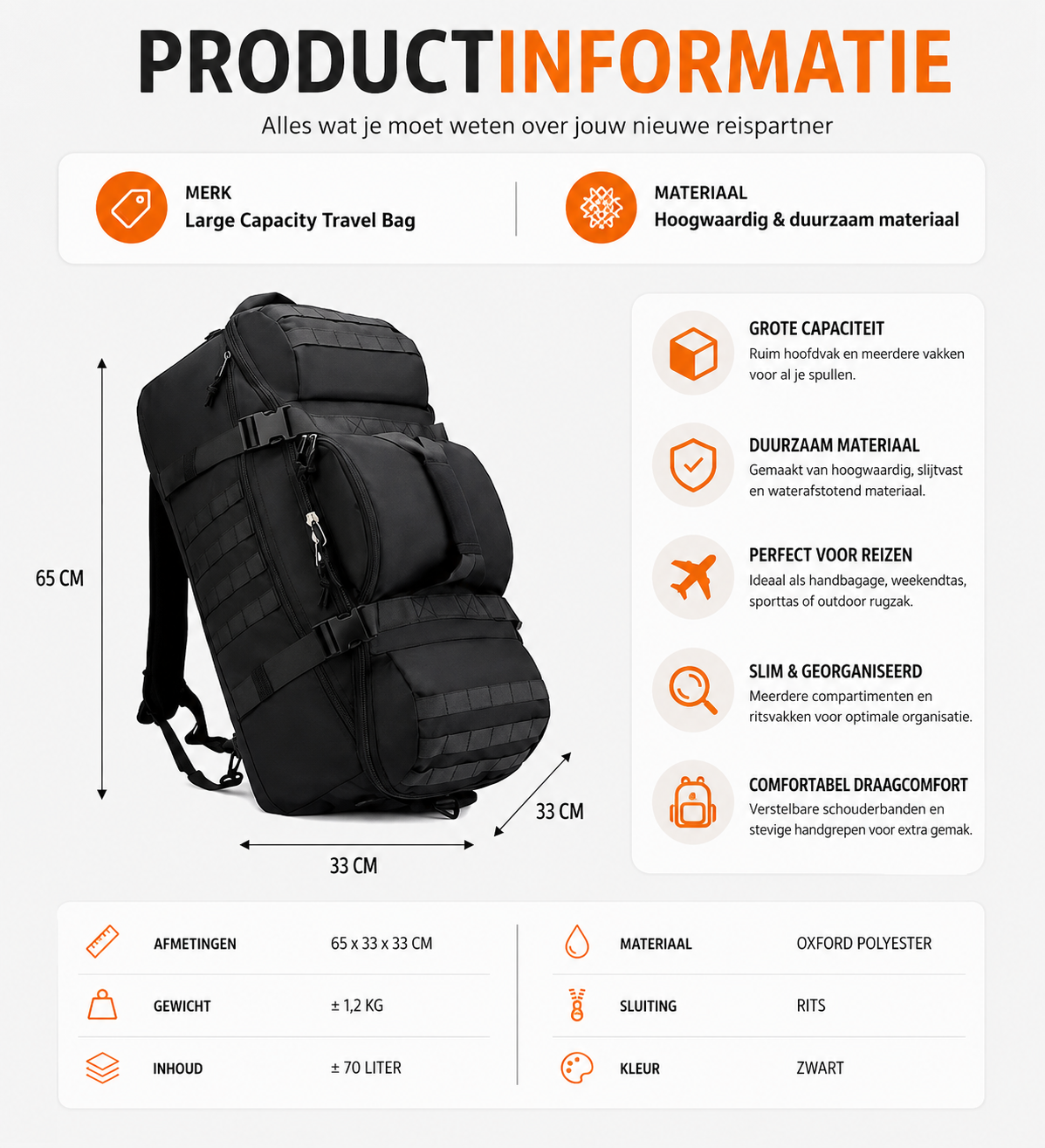 Aventury 2-in-1 Trolley Rugzak 70L - Reistas met Wielen & Grote Capaciteit