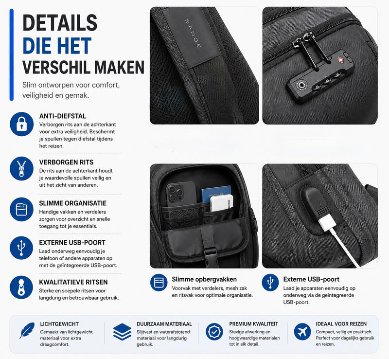 Crossbody Sport Rugzak met Anti-Diefstal Slot