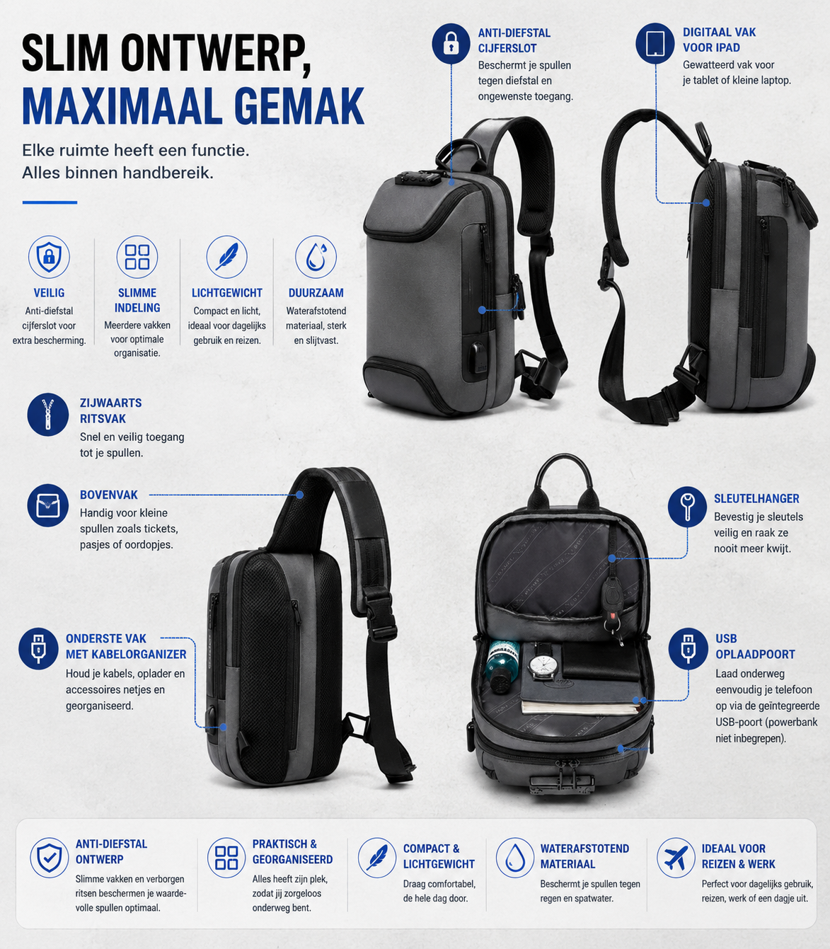 Crossbody Sport Rugzak met Anti-Diefstal Slot