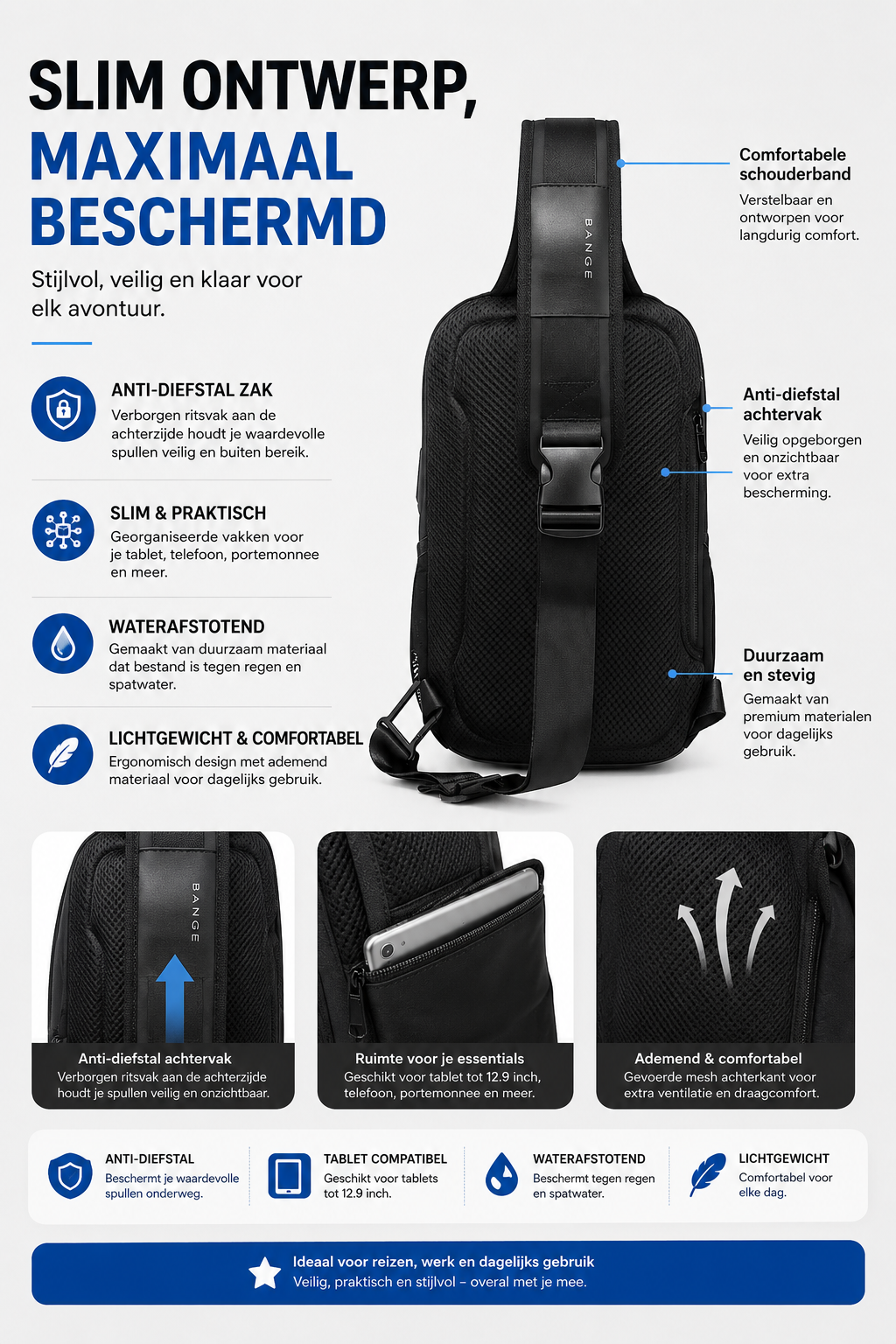 Crossbody Sport+ Rugzak - Waterafstotend - USB Oplaadpoort
