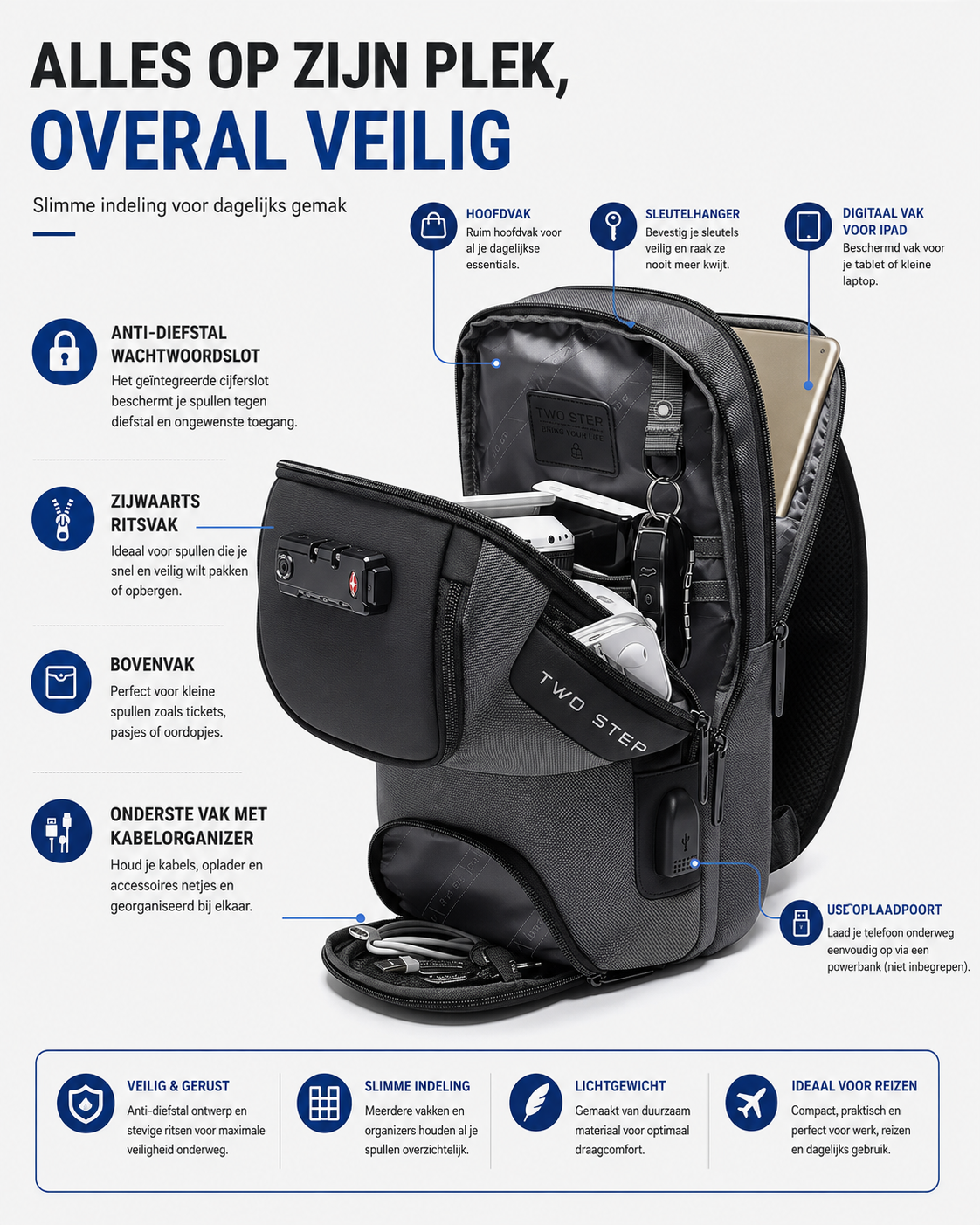 Crossbody Sport Rugzak met Anti-Diefstal Slot