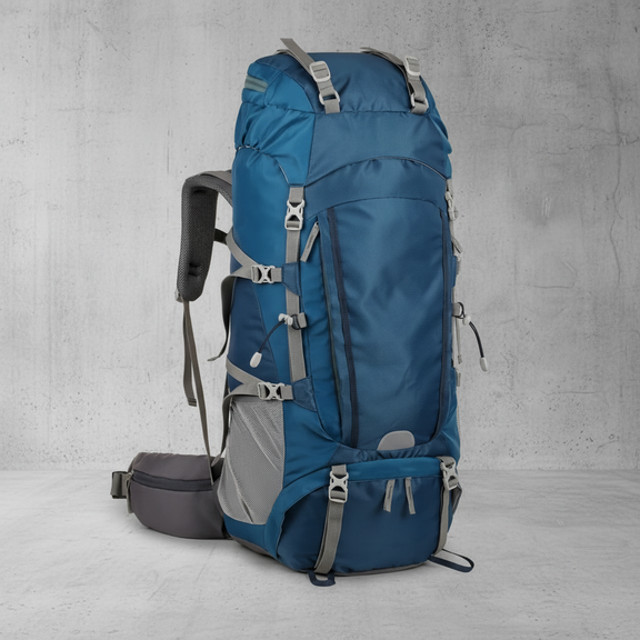 Blauwe 75L trekking rugzak geschikt voor meerdaagse wandeltochten