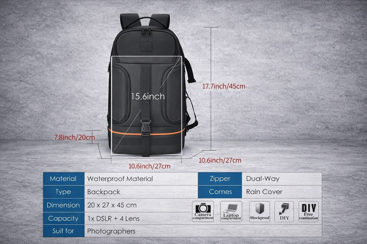 Camera Rugzak met Laptopvak 15.6 Inch – Waterdichte DSLR Foto tas