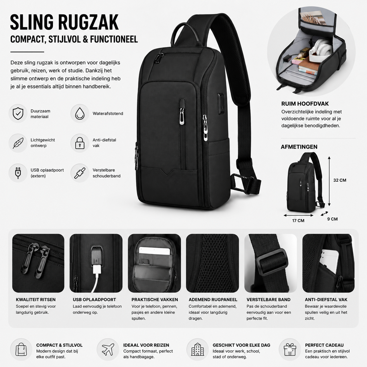 Aventury Crossbody Rugzak met USB-poort – Compact & Modern Zwart
