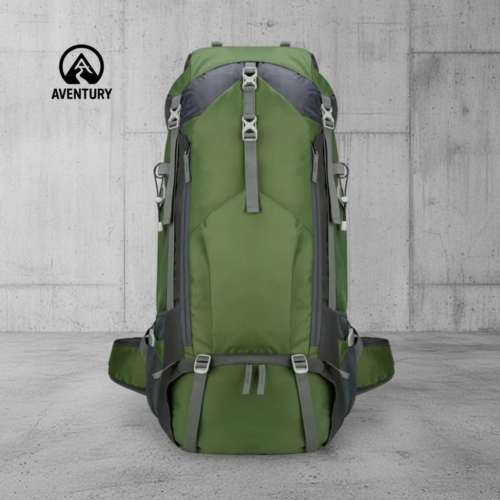 Groene 70 liter outdoor backpack met stevig draagsysteem voor lange wandeltochten