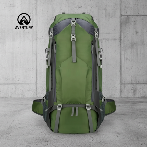 Groene 70 liter outdoor backpack met stevig draagsysteem voor lange wandeltochten