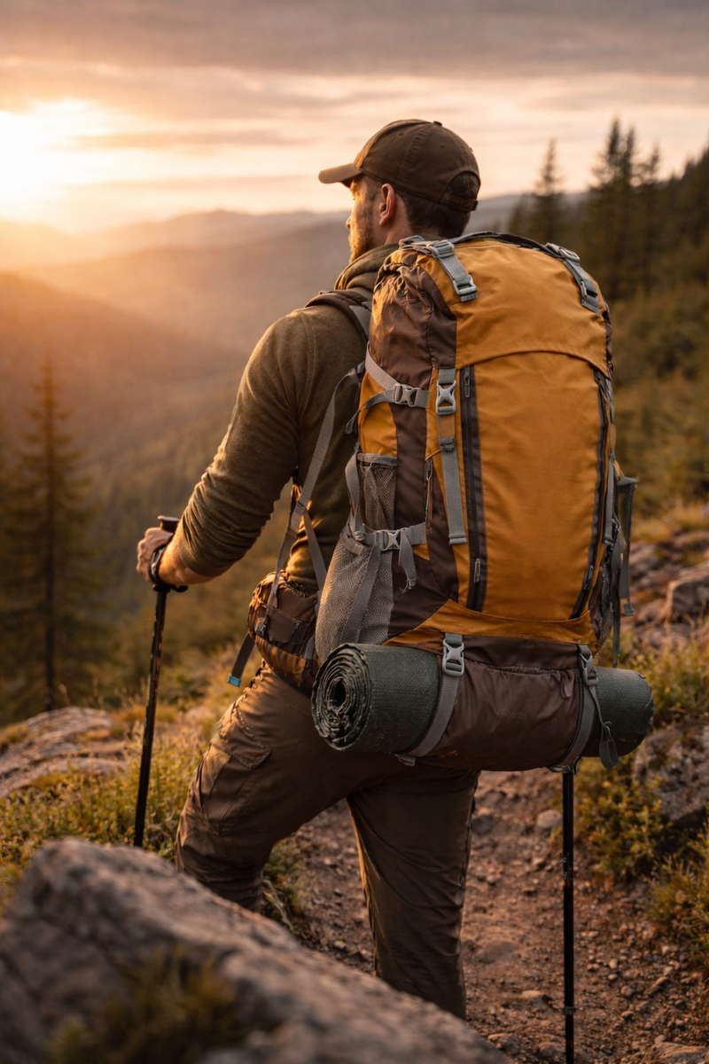 Hiker met 75L trekking rugzak tijdens meerdaagse wandeling in de bergen bij zonsondergang