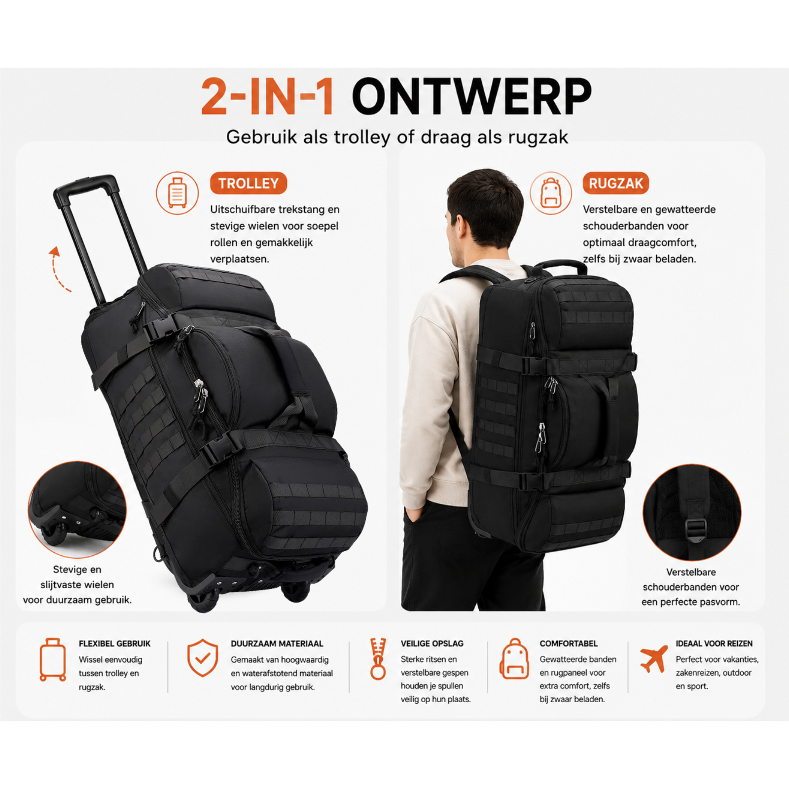 Aventury 2-in-1 Trolley Rugzak 70L - Reistas met Wielen & Grote Capaciteit