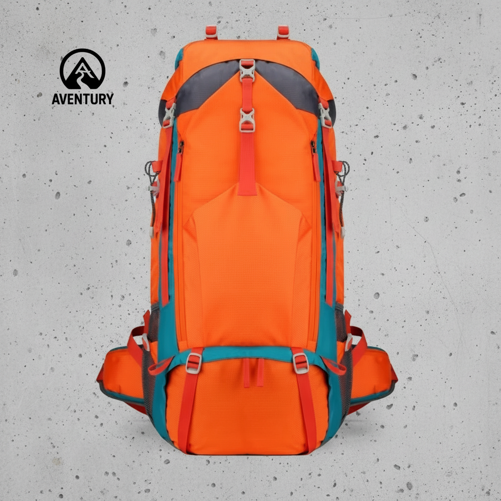Oranje waterproof backpack 70L geschikt voor kamperen, trekking en reizen