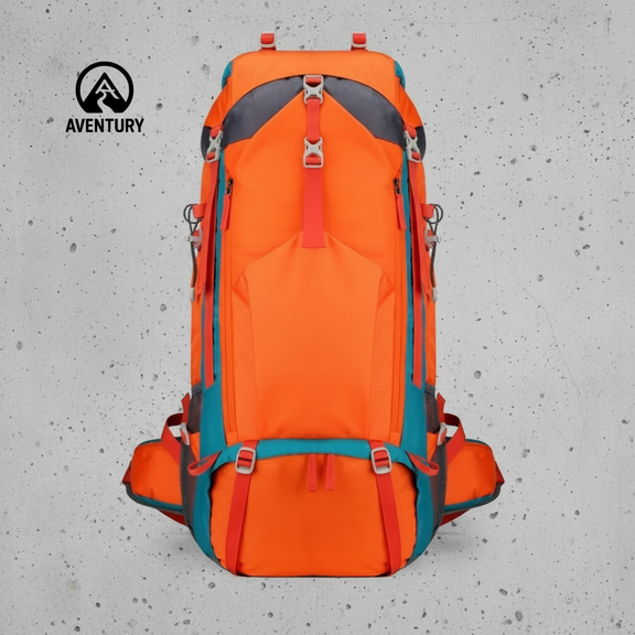 Oranje waterproof backpack 70L geschikt voor kamperen, trekking en reizen