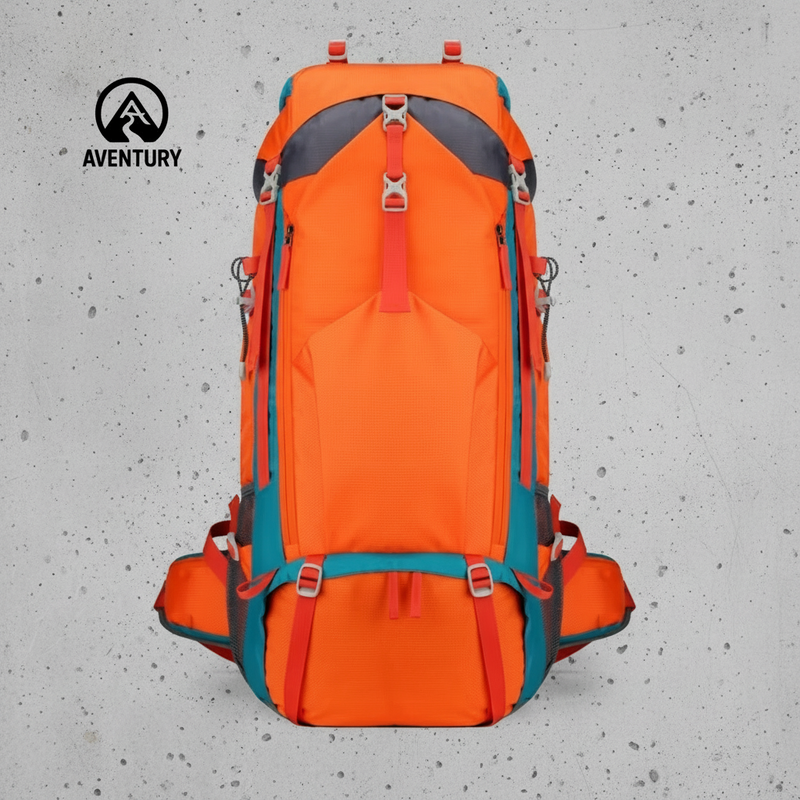 Oranje waterproof backpack 70L geschikt voor kamperen, trekking en reizen