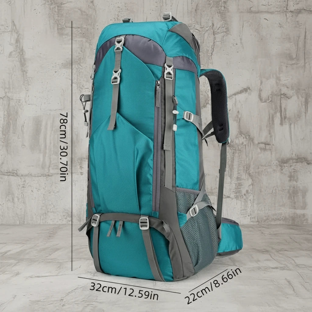 Zijaanzicht van lichtgewicht 70L outdoor backpack geschikt voor hiking en backpacken
