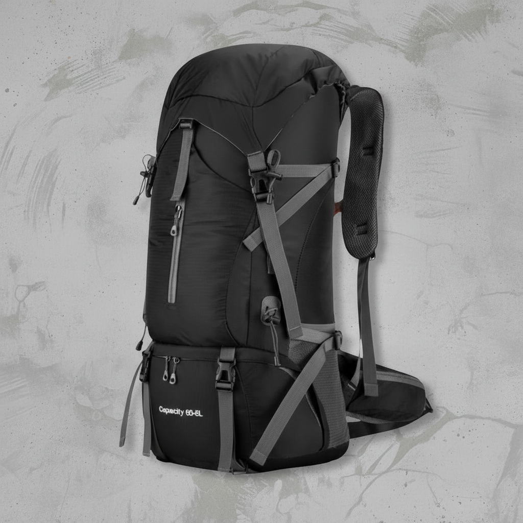 Zwarte Aventury Backpack 70L – grote outdoor rugzak met veel opbergruimte