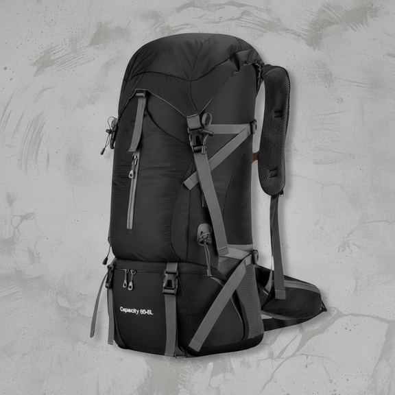 Zwarte Aventury Backpack 70L – grote outdoor rugzak met veel opbergruimte