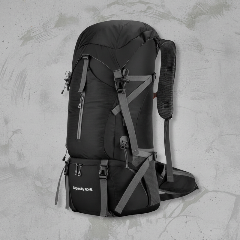 Zwarte Aventury Backpack 70L – grote outdoor rugzak met veel opbergruimte