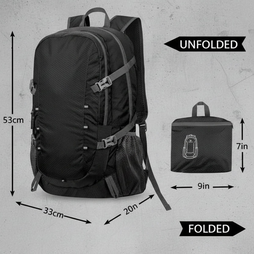 Opvouwbare 40L backpack met zijvakken voor fles en accessoires