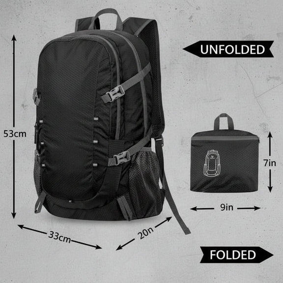 Opvouwbare 40L backpack met zijvakken voor fles en accessoires