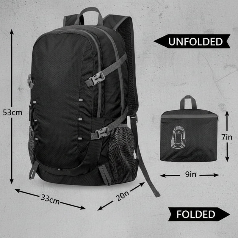 Opvouwbare 40L backpack met zijvakken voor fles en accessoires