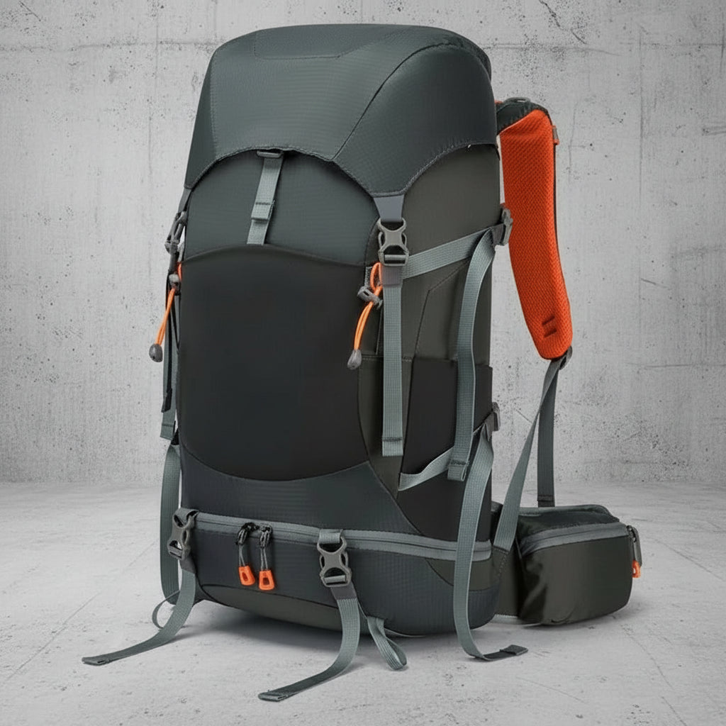 Grijze 48L trekking rugzak met ergonomisch draagcomfort voor lange hikes