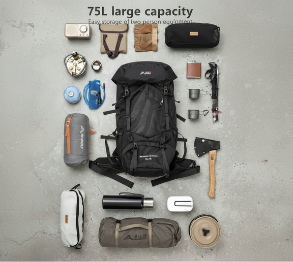 Grote capaciteit van de Aventury 75L backpack met ruimte voor kampeeruitrusting en reisgear
