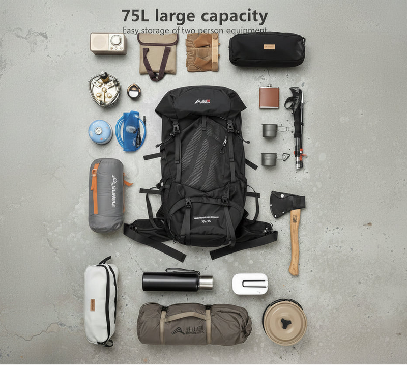 Grote capaciteit van de Aventury 75L backpack met ruimte voor kampeeruitrusting en reisgear