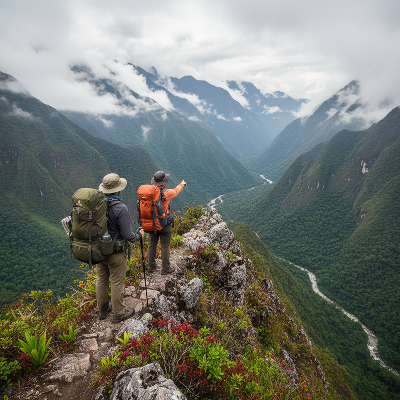 Aventury 75L backpack tijdens trekking in de bergen, geschikt voor lange hikes en outdoor avonturen