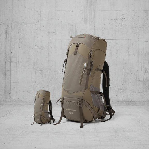 Aventury 75L backpack voor hiking en trekking, waterdichte outdoor rugzak met grote capaciteit in bruin