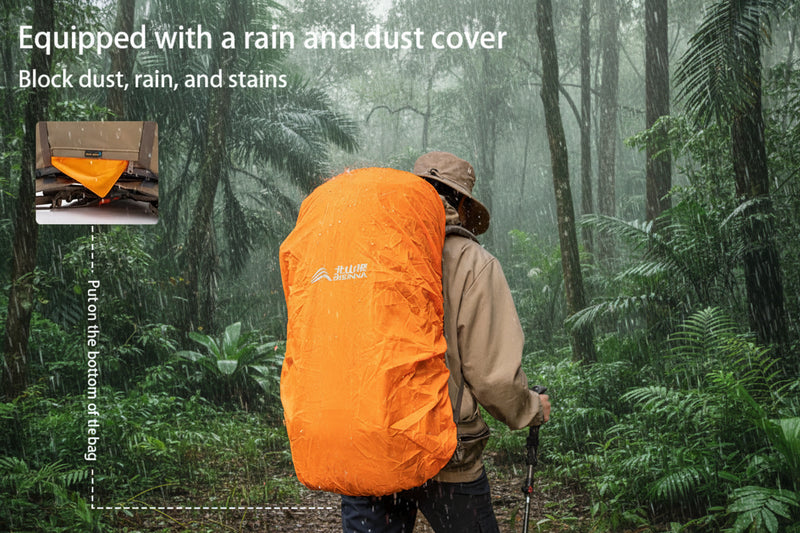 Aventury 75L backpack met regenhoes, waterdichte bescherming tijdens wandelen en kamperen