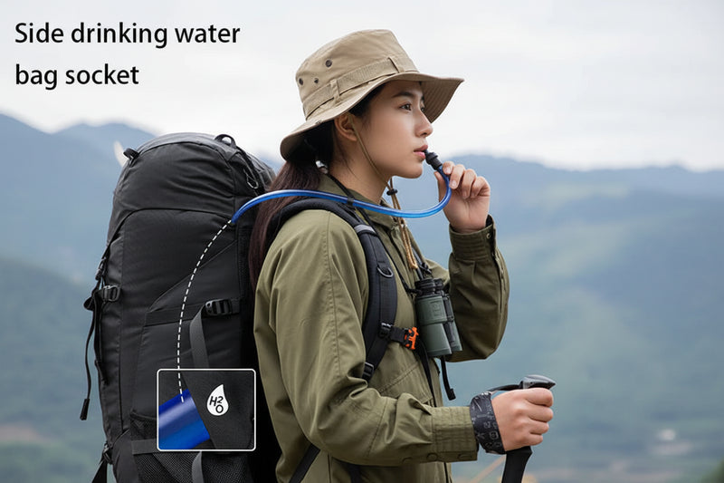 Zijvak van de Aventury 75L backpack voor drinkfles tijdens hiking en trekking